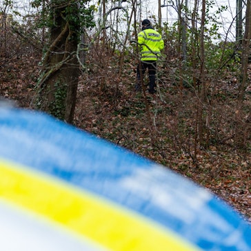 Ein Polizist durchsucht eine Grünanlage (Symbolfoto).