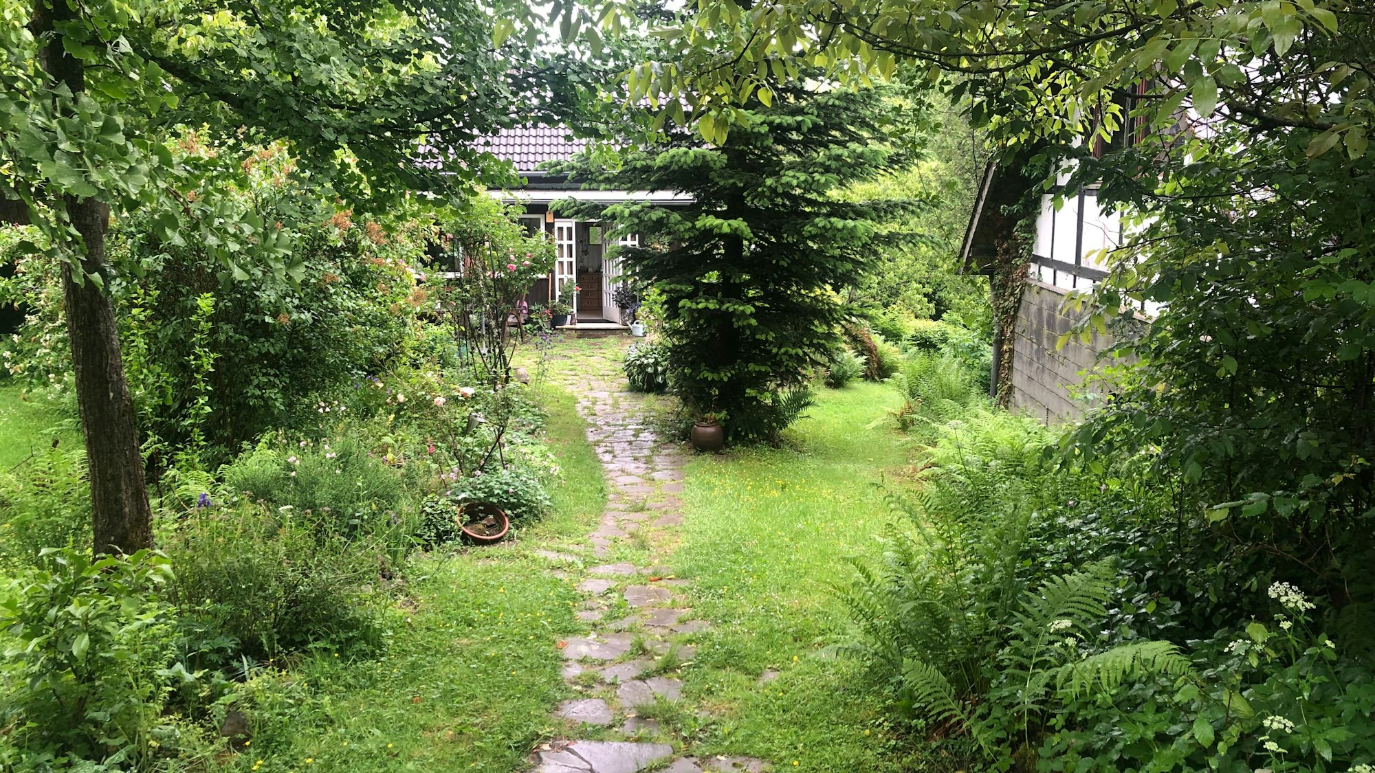 Ein kleines Haus steht am Ende eines kleinen Weges, der durch einen idyllischen Garten führt.