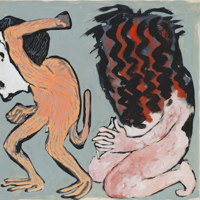 Ein Comicaffe haut eine Frau.