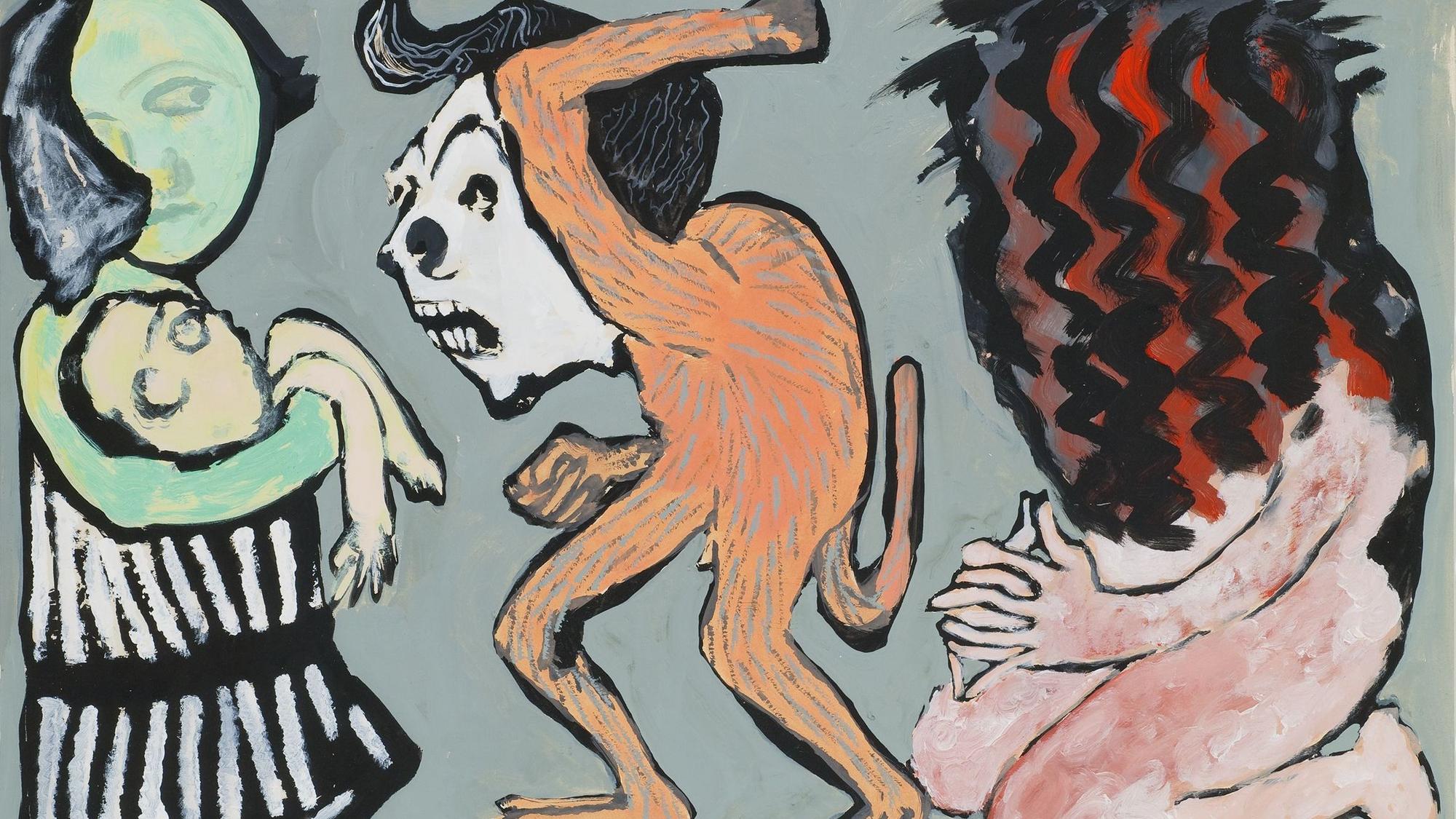 Ein Comicaffe haut eine Frau.