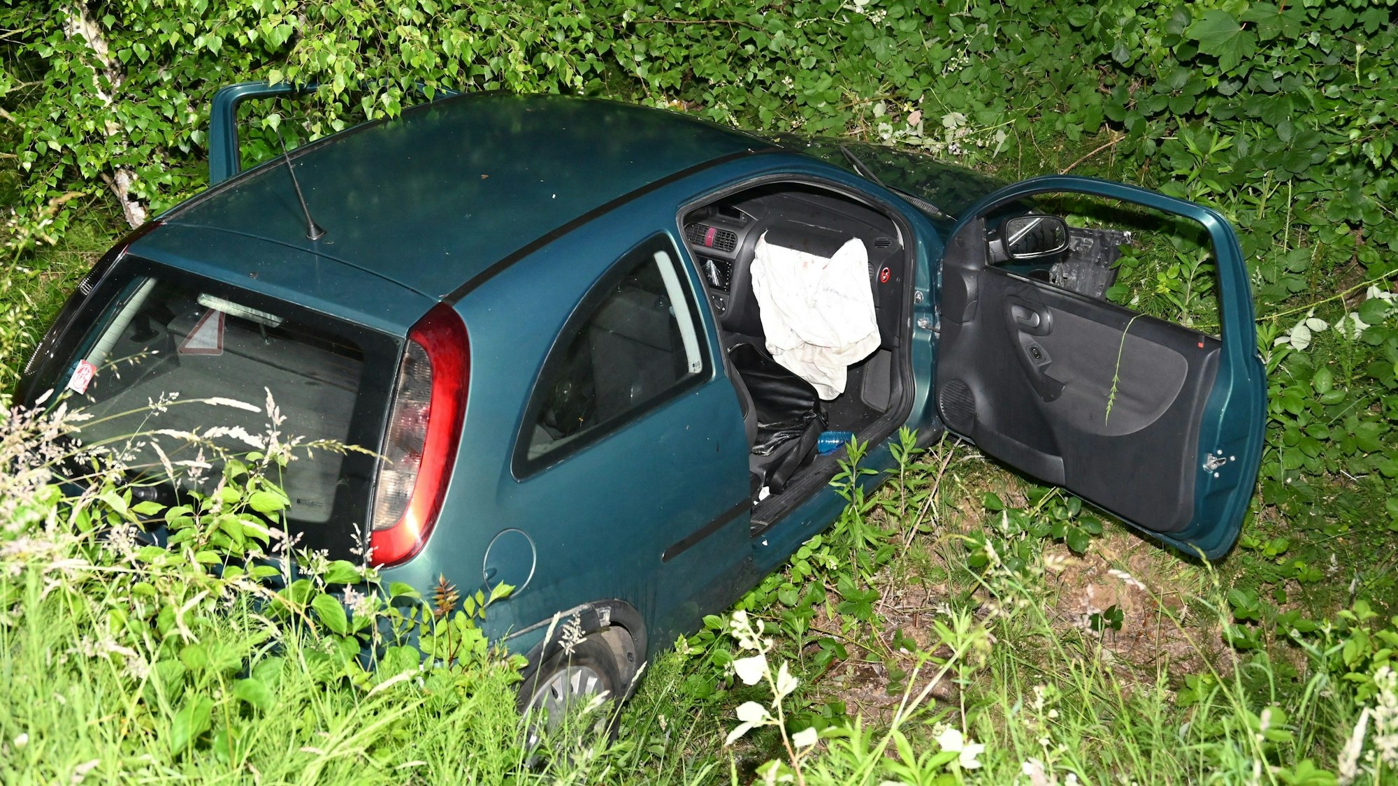 Das Bild zeigt ein Auto in einem Straßengraben.