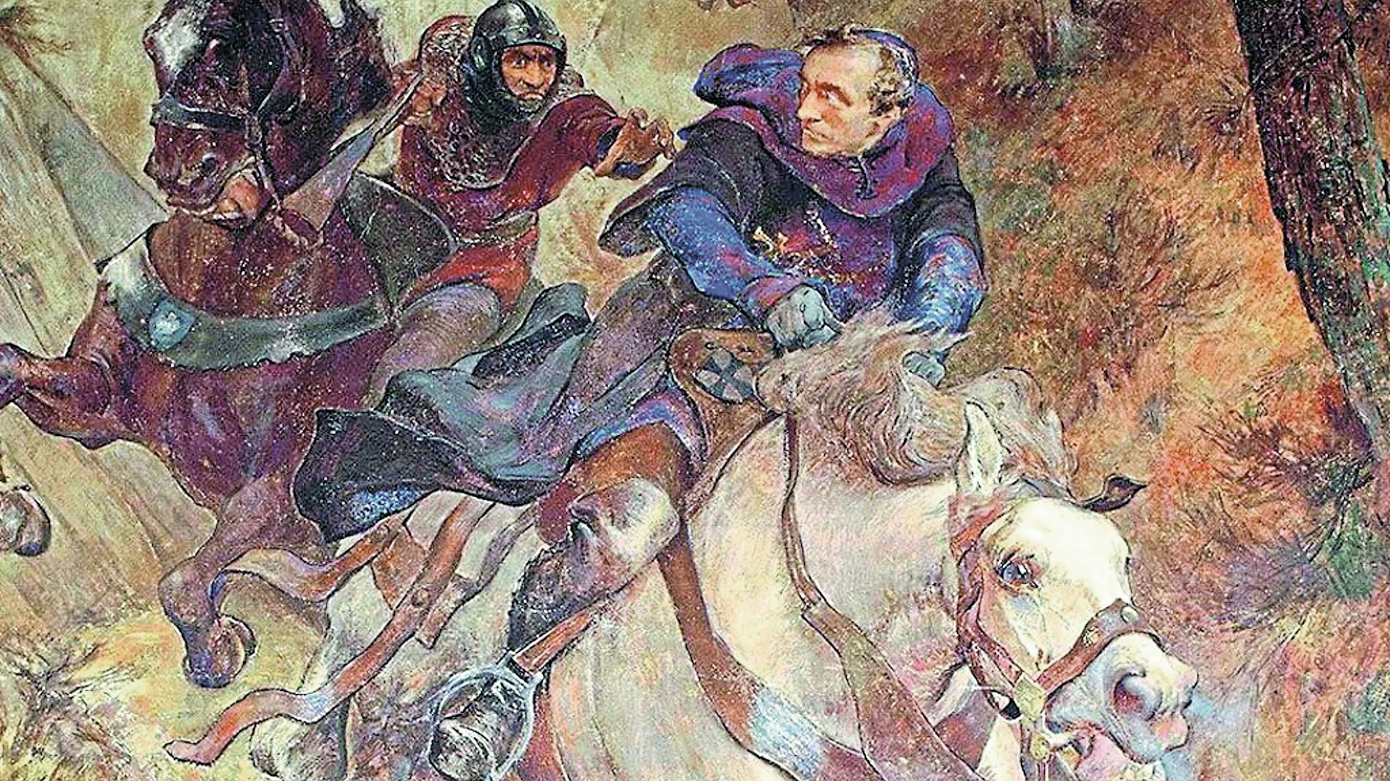 Ein farbiges Gemälde zeigt einen Ritter zu Pferd, der einen anderen verfolgt und töten will.