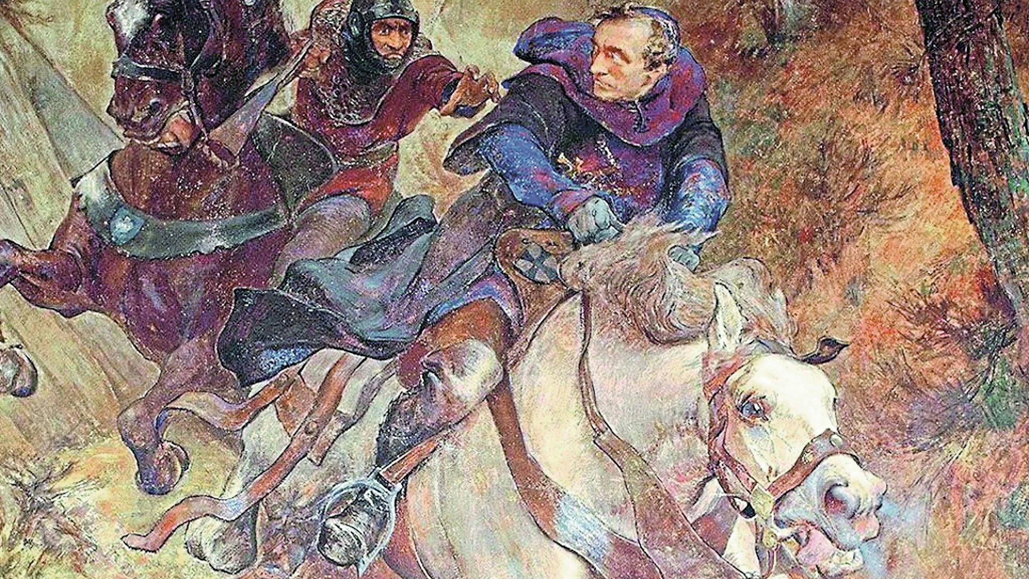 Ein Ölgemälde zeigt, wie ein Mann auf einem weißen Pferd von einem Ritter verfolgt wird, der schon fast nach ihm greift.