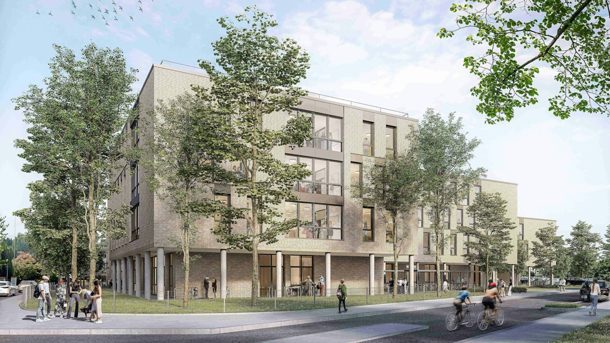 Das Bild zeigt die geplante Erweiterung. Vor dem Gebäude sind einige Bäume und Menschen laufen über die Straße.