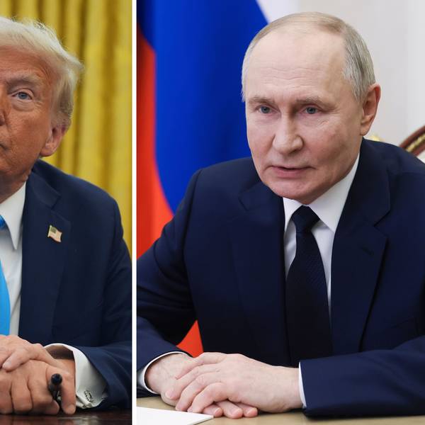 US-Präsident Donald Trump (l.) im Oval Office des Weißen Hauses im April 2025 und der russische Präsident Wladimir Putin im Kreml, als er an einer Sitzung des Sicherheitsrates per Videokonferenz im März 2025 teilnimmt.