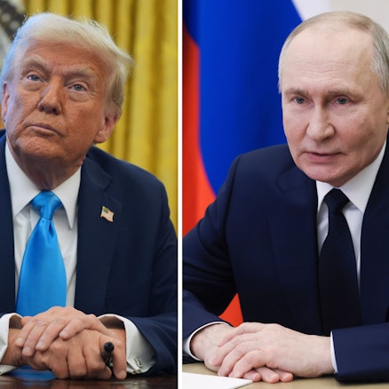 US-Präsident Donald Trump (l.) im Oval Office des Weißen Hauses im April 2025 und der russische Präsident Wladimir Putin im Kreml, als er an einer Sitzung des Sicherheitsrates per Videokonferenz im März 2025 teilnimmt.