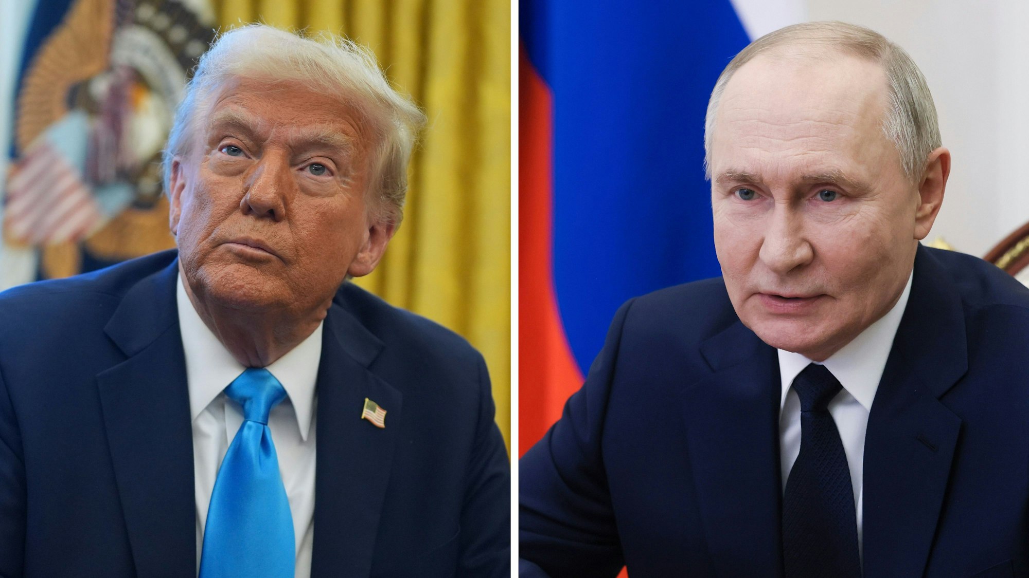 US-Präsident Donald Trump (l.) im Oval Office des Weißen Hauses im April 2025 und der russische Präsident Wladimir Putin im Kreml, als er an einer Sitzung des Sicherheitsrates per Videokonferenz im März 2025 teilnimmt.