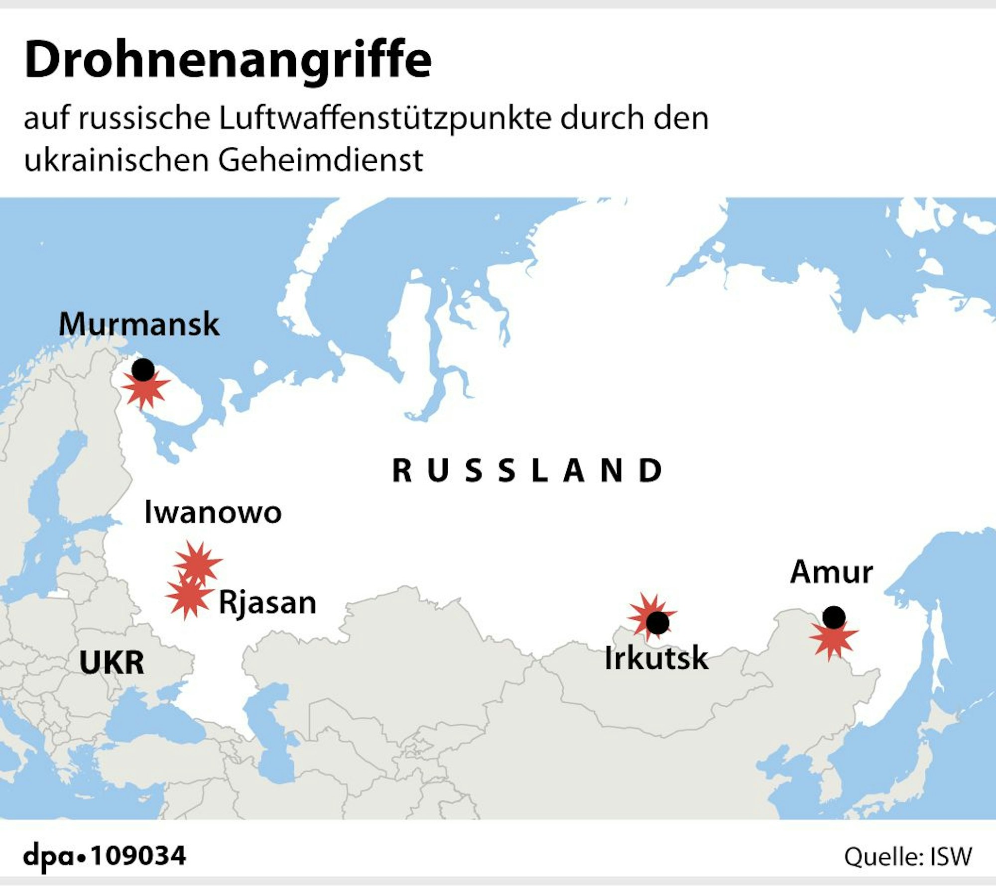 Grafik-Karte Nr. 109034, Querformat 90 x 80 mm, "Drohnenangriffe des ukrainischen Geheimdienstes auf Luftwaffenstützpunkte in Russland"; Redaktion/Grafik: A Brühl