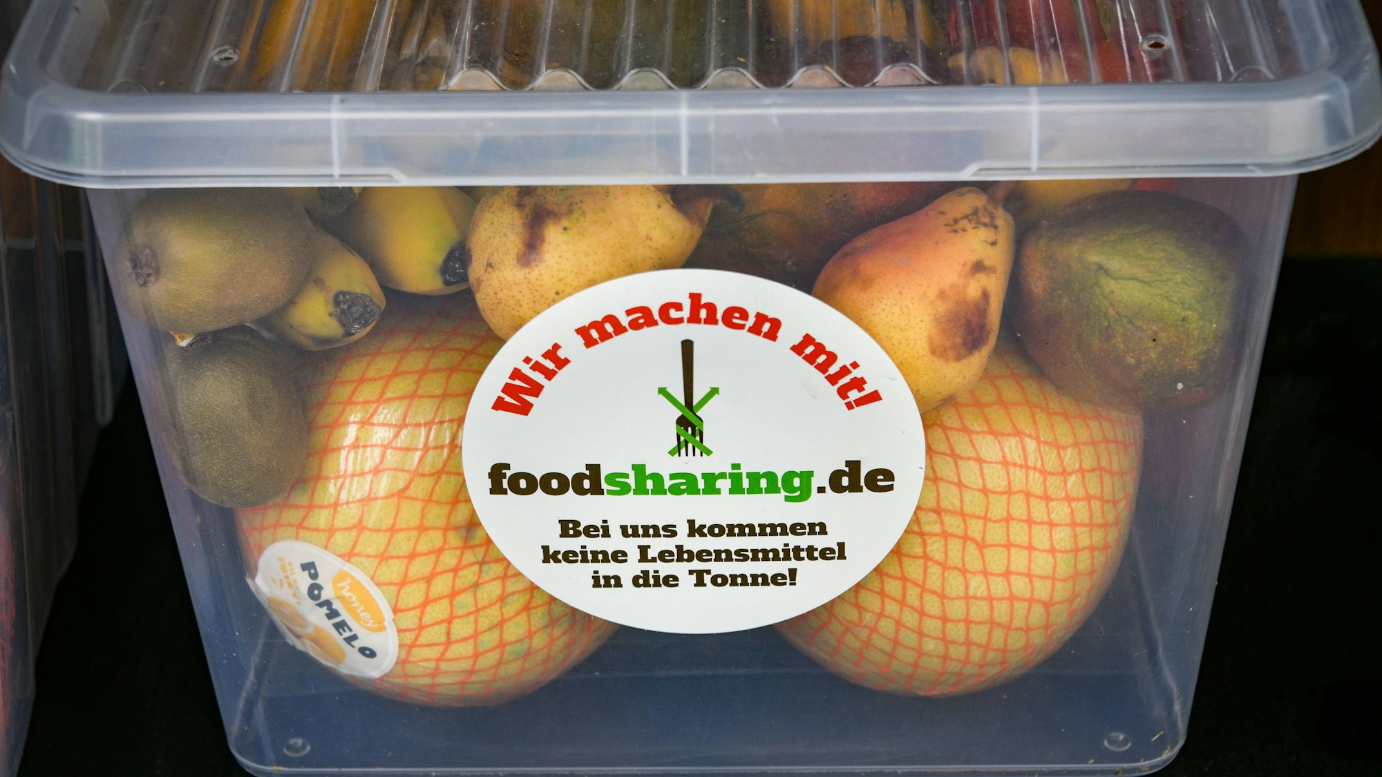 Ein Fairteiler-Behälter mit geretteten Lebensmitteln.