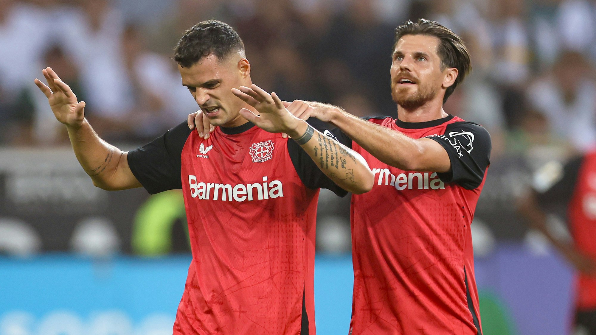 23.08.2024, 1. Fußball Bundesliga, Borussia Mönchengladbach - Bayer 04 Leverkusen, Borussia-Park, Auftaktspiel Saison 2024 2025: Torjubel 1:0 durch Granit Xhaka Bayer 04 Leverkusen 34 zusammen mit Jonas Hofmann Bayer 04 Leverkusen 7 DFB regulations prohibit any use of photographs as image sequences and or quasi-video. Nordrhein-Westfalen Deutschland *** 23 08 2024, 1 Fußball Bundesliga, Borussia Mönchengladbach Bayer 04 Leverkusen, Borussia Park, Auftaktspiel Saison 2024 2025 Torjubel 1 0 durch Granit Xhaka Bayer 04 Leverkusen 34 zusammen mit Jonas Hofmann Bayer 04 Leverkusen 7 DFB regulations prohibit any use of photographs as image sequences and or quasi video Nordrhein Westfalen Germany