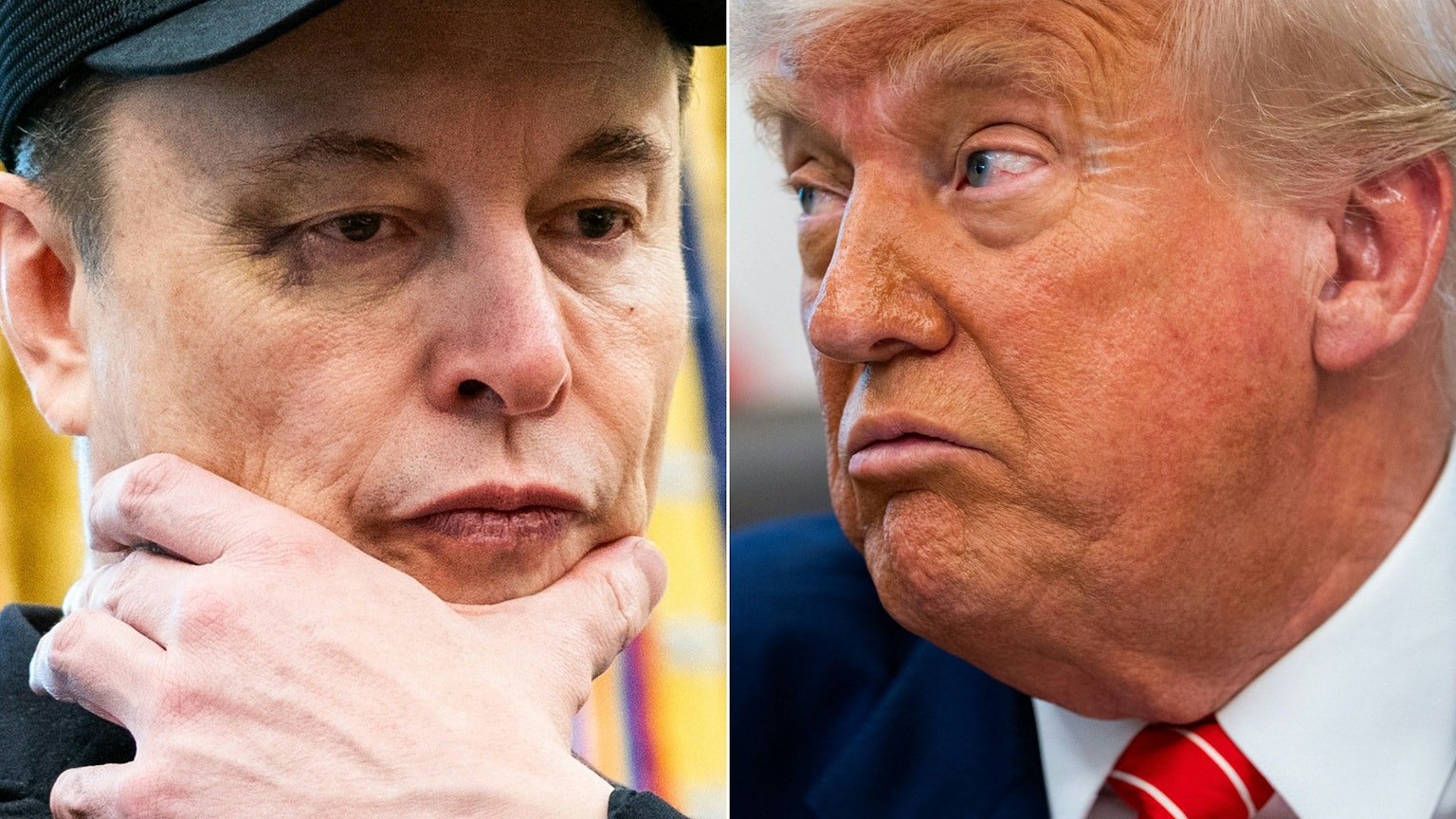 (COMBO) This combination of pictures created on June 03, 2025 shows Elon Musk looks and US President Donald Trump in the Oval Office of the White House in Washington, DC, on May 30, 2025. Tech billionaire Elon Musk on June 3, 2025, hammered the sprawling tax cuts and spending mega-bill that President Trump is trying to muscle through Congress as a "disgusting abomination." "The president already knows where Elon Musk stood on this bill, it doesn't change his opinion. This is one big, beautiful bill, and he's sticking to it," White House Press Secretary Karoline Leavitt told reporters on June 3. (Photo by Allison ROBBERT / AFP)