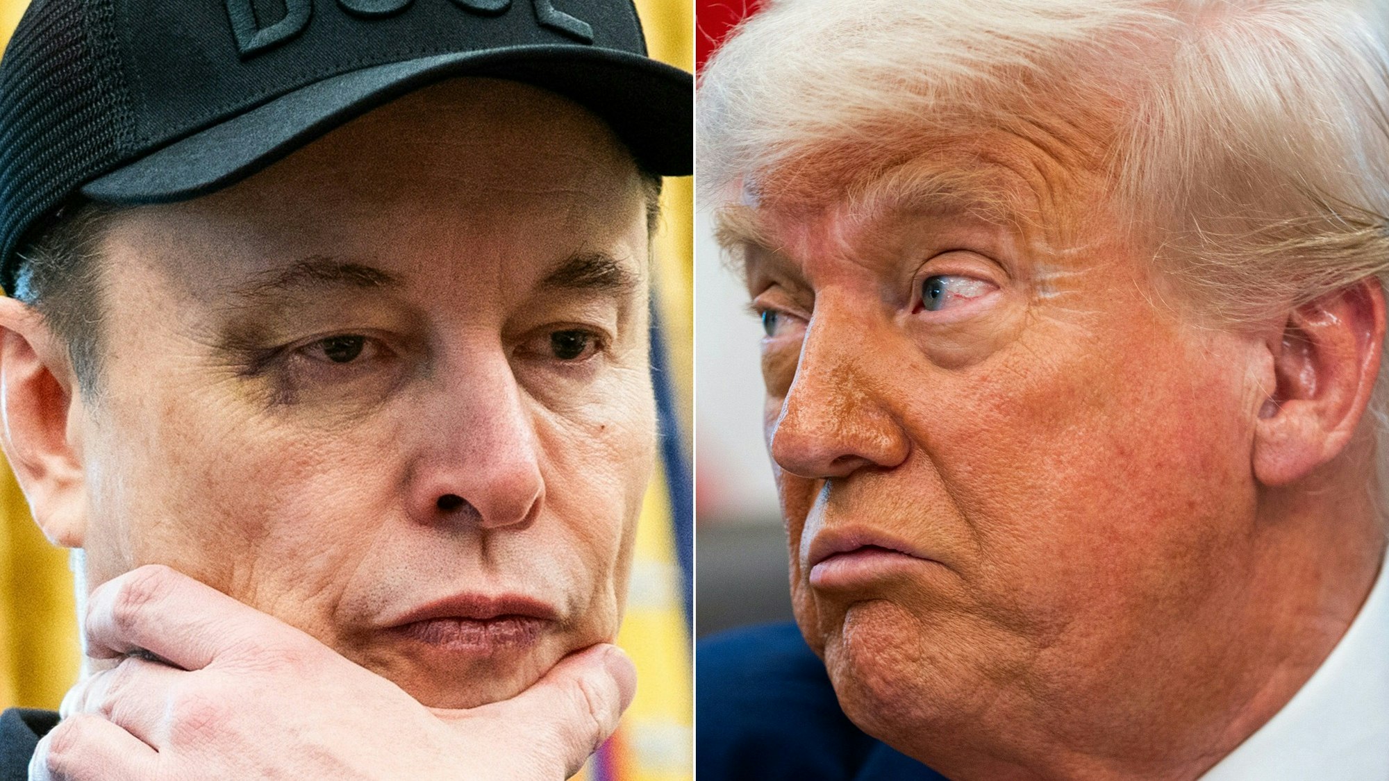 (COMBO) This combination of pictures created on June 03, 2025 shows Elon Musk looks and US President Donald Trump in the Oval Office of the White House in Washington, DC, on May 30, 2025. Tech billionaire Elon Musk on June 3, 2025, hammered the sprawling tax cuts and spending mega-bill that President Trump is trying to muscle through Congress as a "disgusting abomination." "The president already knows where Elon Musk stood on this bill, it doesn't change his opinion. This is one big, beautiful bill, and he's sticking to it," White House Press Secretary Karoline Leavitt told reporters on June 3. (Photo by Allison ROBBERT / AFP)