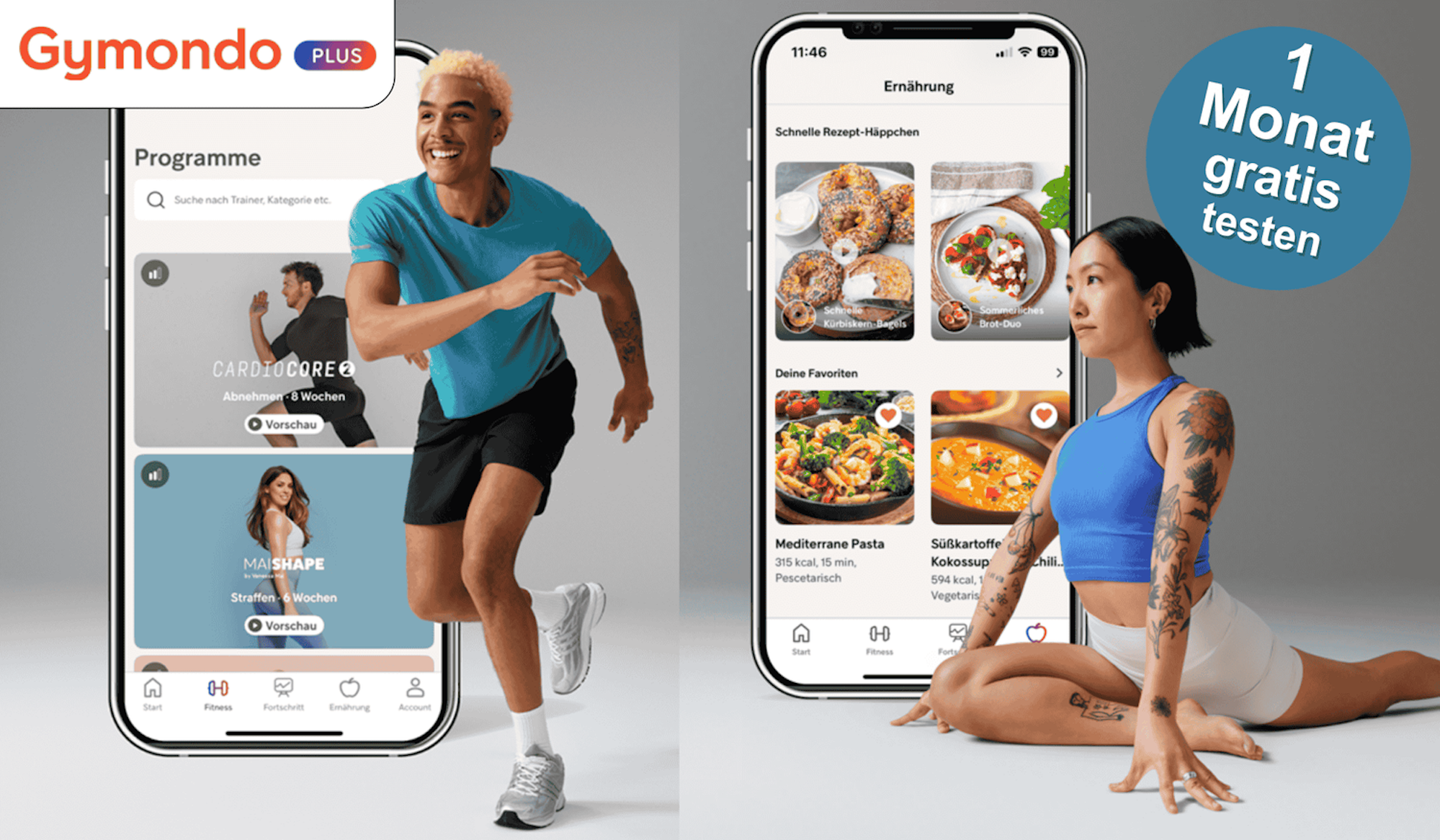 Eine Frau und ein Mann trainieren mit der Gymondo App auf dem Smartphone, er Laufen und sie Yoga.