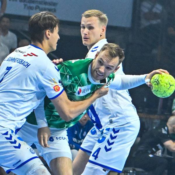 Die VfL-Abwehr versucht Mathias Gidsel zu stoppen.