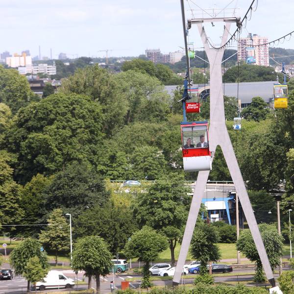 Zu sehen sind Seilbahnen über Kölner Grünflächen.