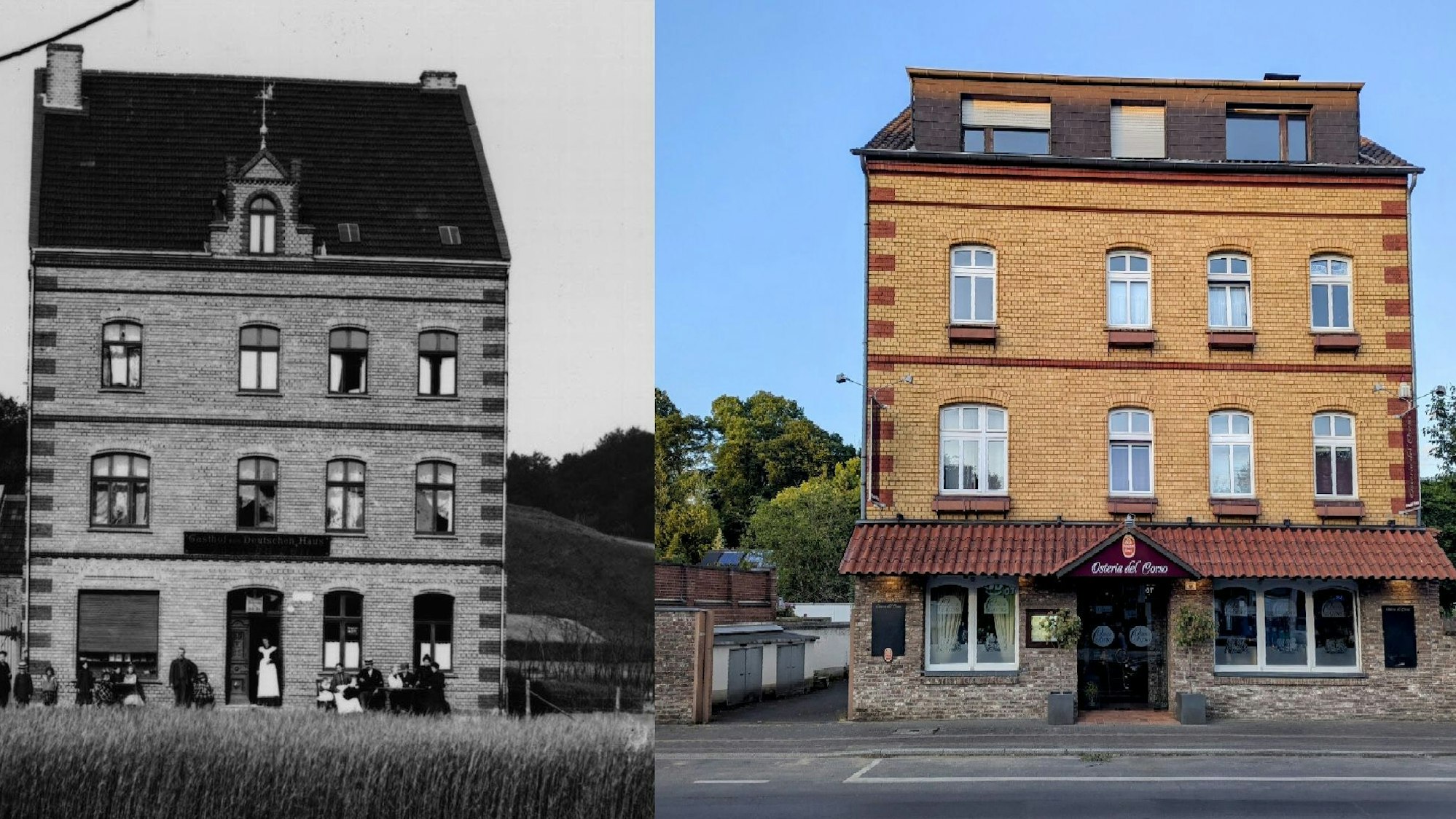 Ein historisches und ein aktuelles Foto des Gasthauses „Zum Deutschen Haus“.
