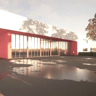 Die Visualisierung zeigt ein rechteckiges, zweigeschossiges Gebäude.