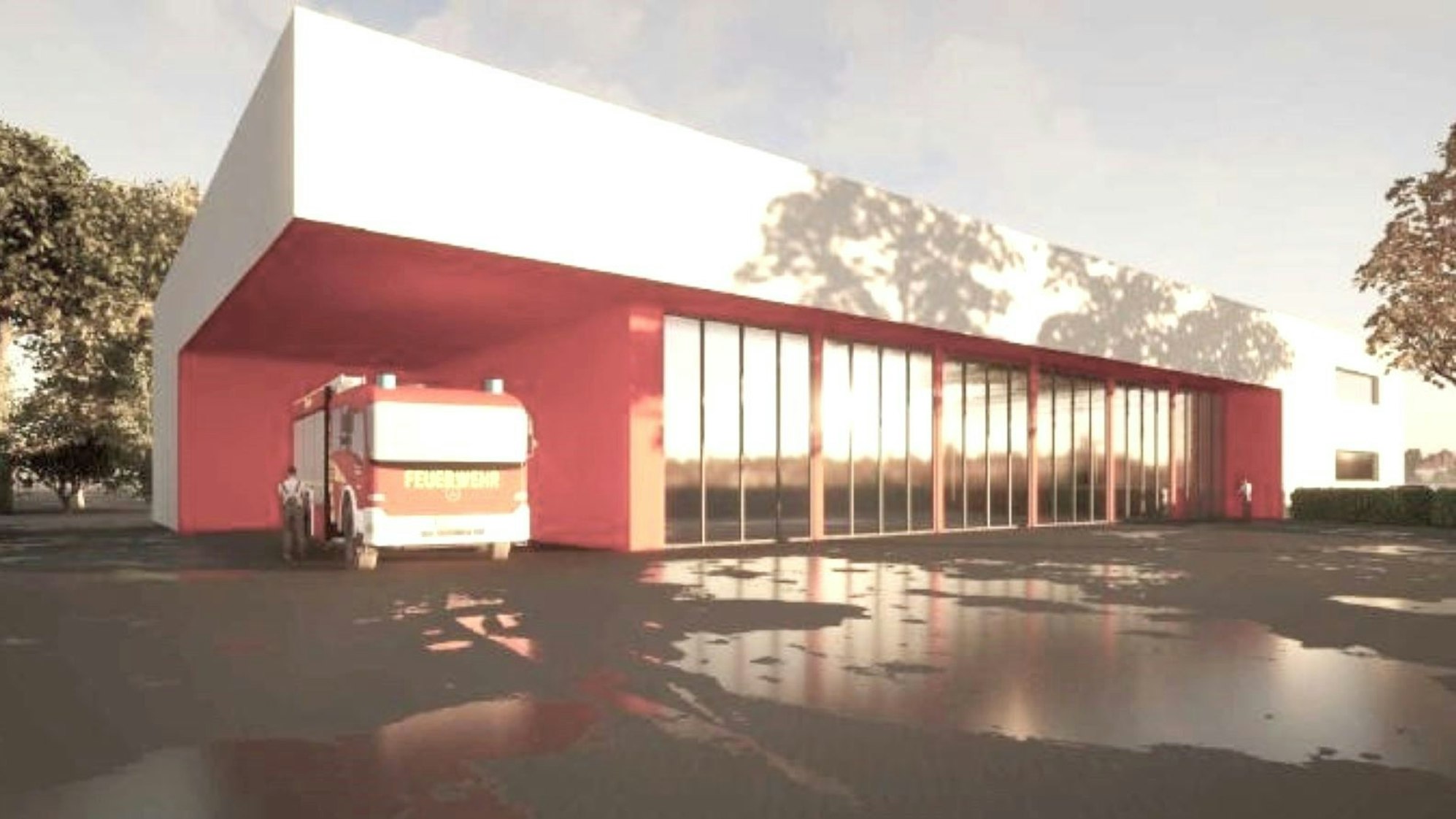 Die Visualisierung zeigt ein rechteckiges, zweigeschossiges Gebäude.