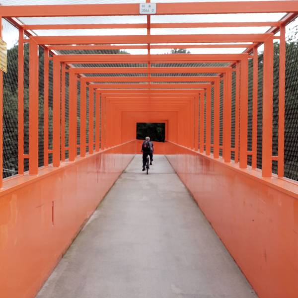 Ein Radfahrer fährt über eine orangefarbene Stahlbrücke.