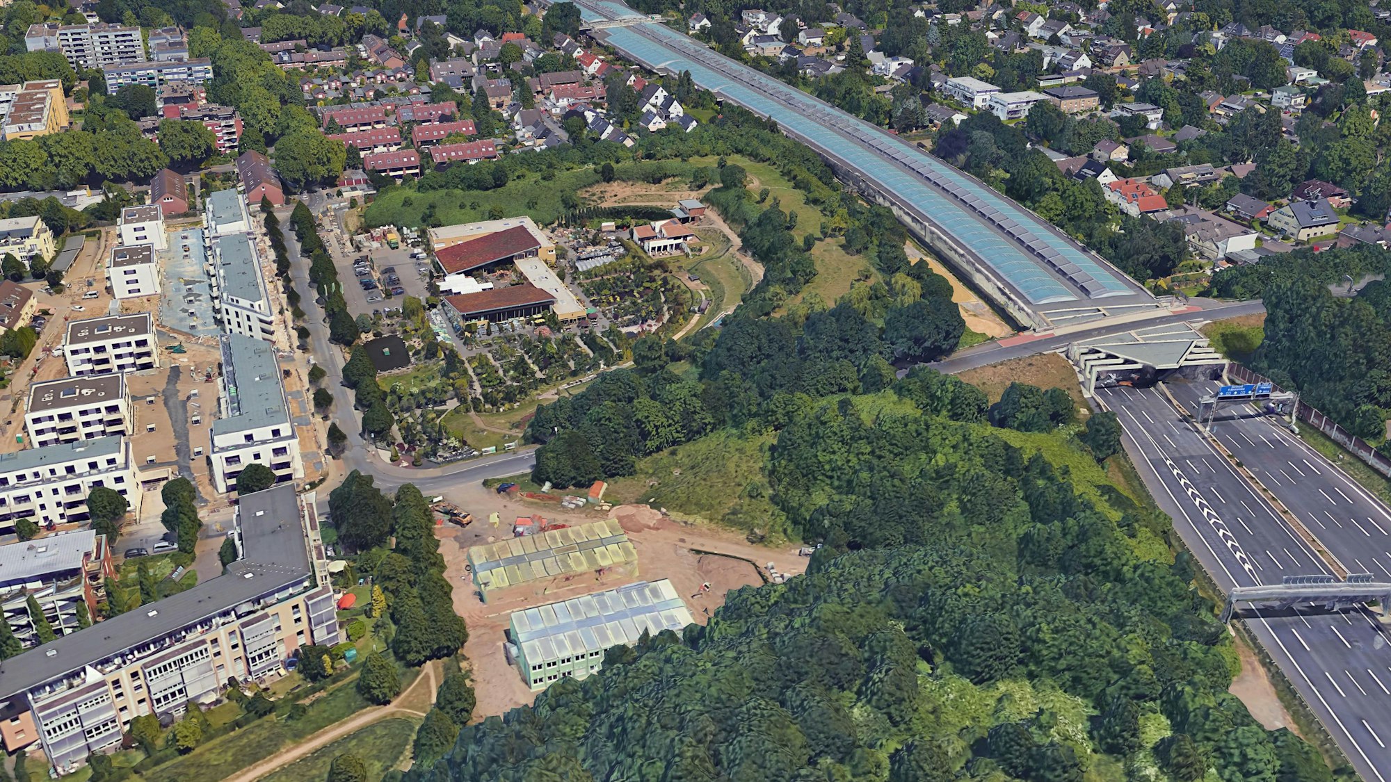 Baugebiet „Grünzug West“ in Weiden. Es handelt sich um das Gebiet zwischen Beller Weg, Bundesautobahn A1, Jungbluthgassenbrücke/Kronstädter Straße und Ignystraße in Köln-Weiden.