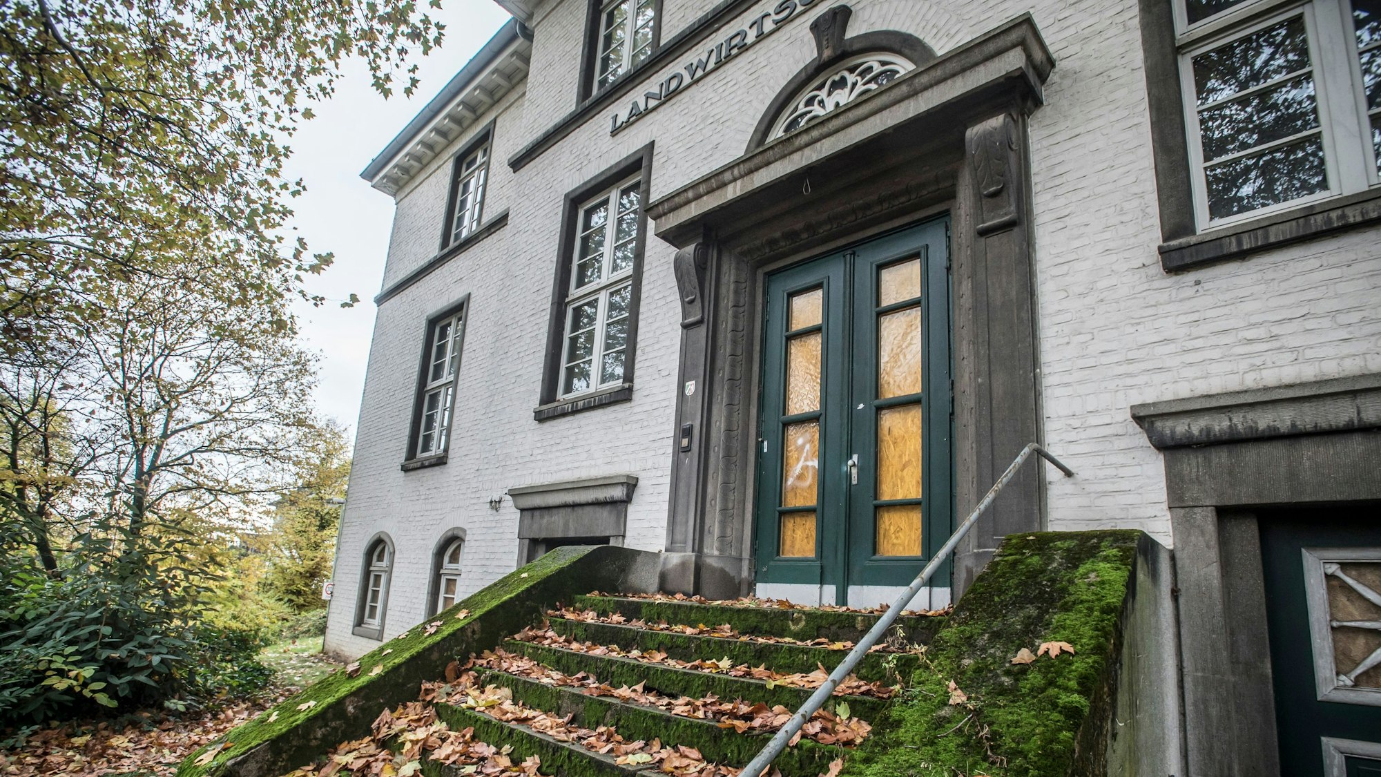 Laub liegt auf einer Treppe zum Eingang eines historischen Gebäudes in Opladen.