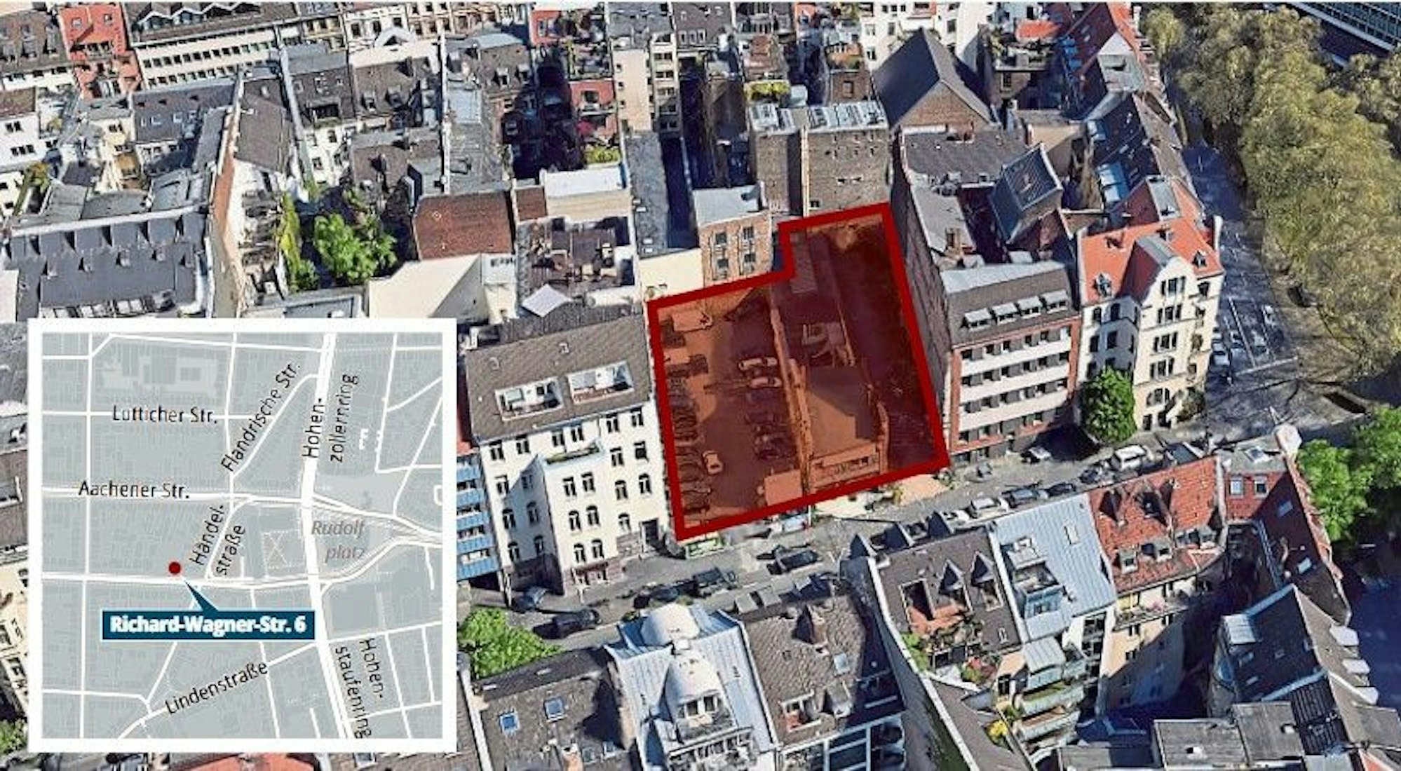 Die rot eingezeichnete Fläche zeigt die Grundstücke an der Richard-Wagner-Straße mit den Hausnummern 6, 8 und 10.