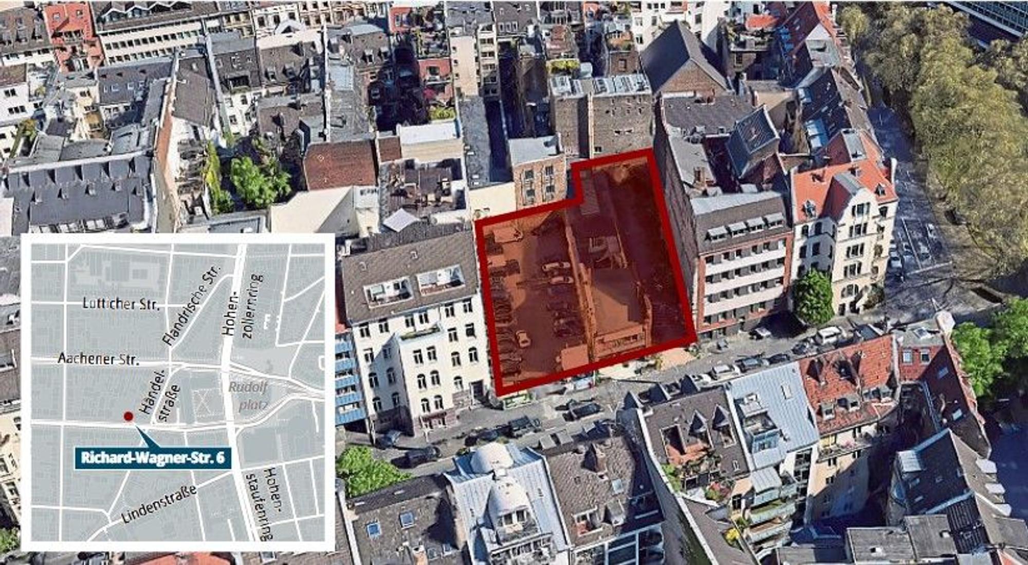 Die rot eingezeichnete Fläche zeigt die Grundstücke an der Richard-Wagner-Straße mit den Hausnummern 6, 8 und 10.