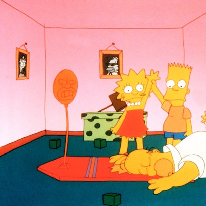 «Die Simpsons» Lisa (hinten, l-r), Bart und Marge stehen hinter Vater Homer (vorne) in einer Szene der ersten Staffel der Serie. +++ dpa-Bildfunk +++