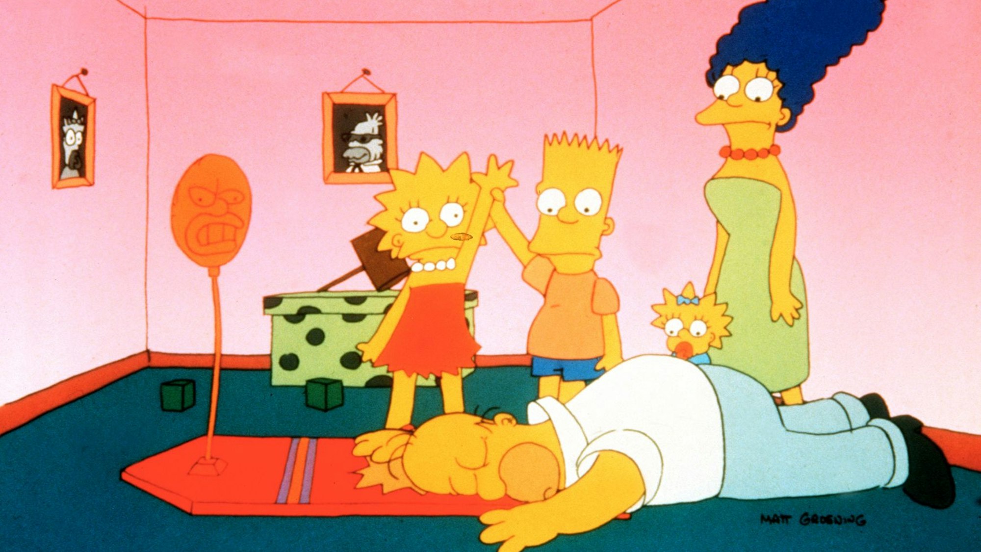 «Die Simpsons» Lisa (hinten, l-r), Bart und Marge stehen hinter Vater Homer (vorne) in einer Szene der ersten Staffel der Serie. +++ dpa-Bildfunk +++