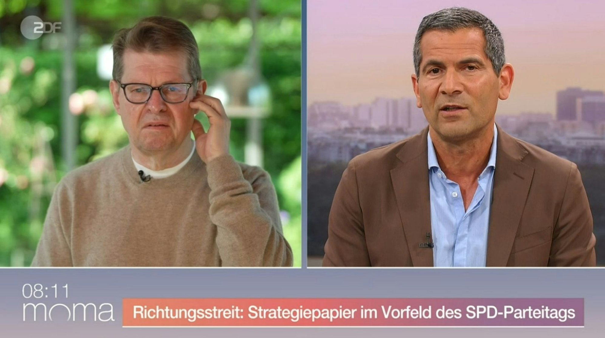Ralf Stegner (links) stellte sich den kritischen Fragen von Moderator Mitri Sirin. (Bild: ZDF)