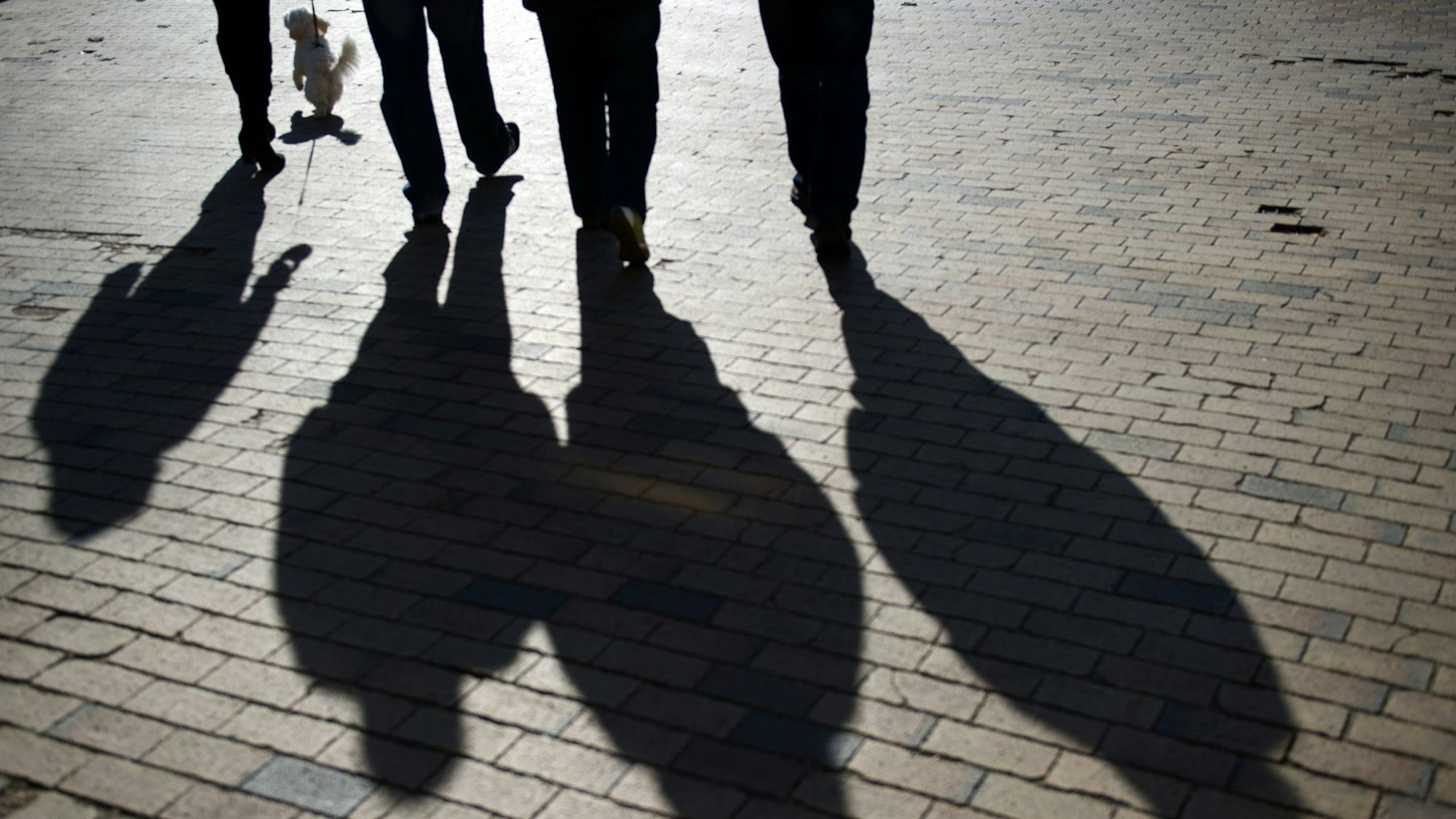 Menschen laufen auf Steinboden, man sieht die Schatten auf dem Boden und einen Hund.