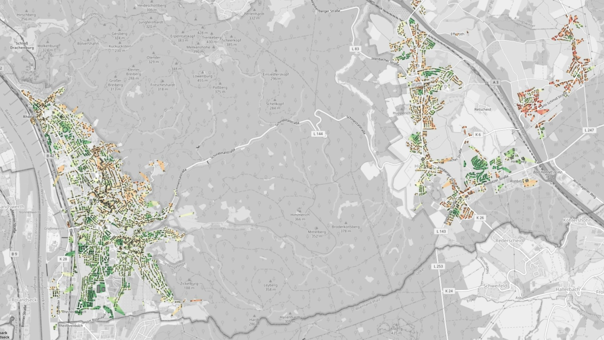 Die Wärmelandkarte von Bad Honnef der Stadt Bad Honnef zeigt grüne Bereiche, aber auch viele rötlich gefärbte Wohngegenden.