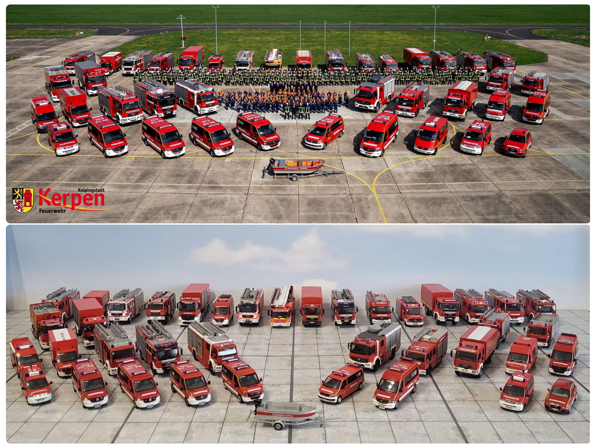 Die Collage zeigt oben ein Foto der Feuerwehrflotte Kerpen und unten den Miniatur-Nachbau.
