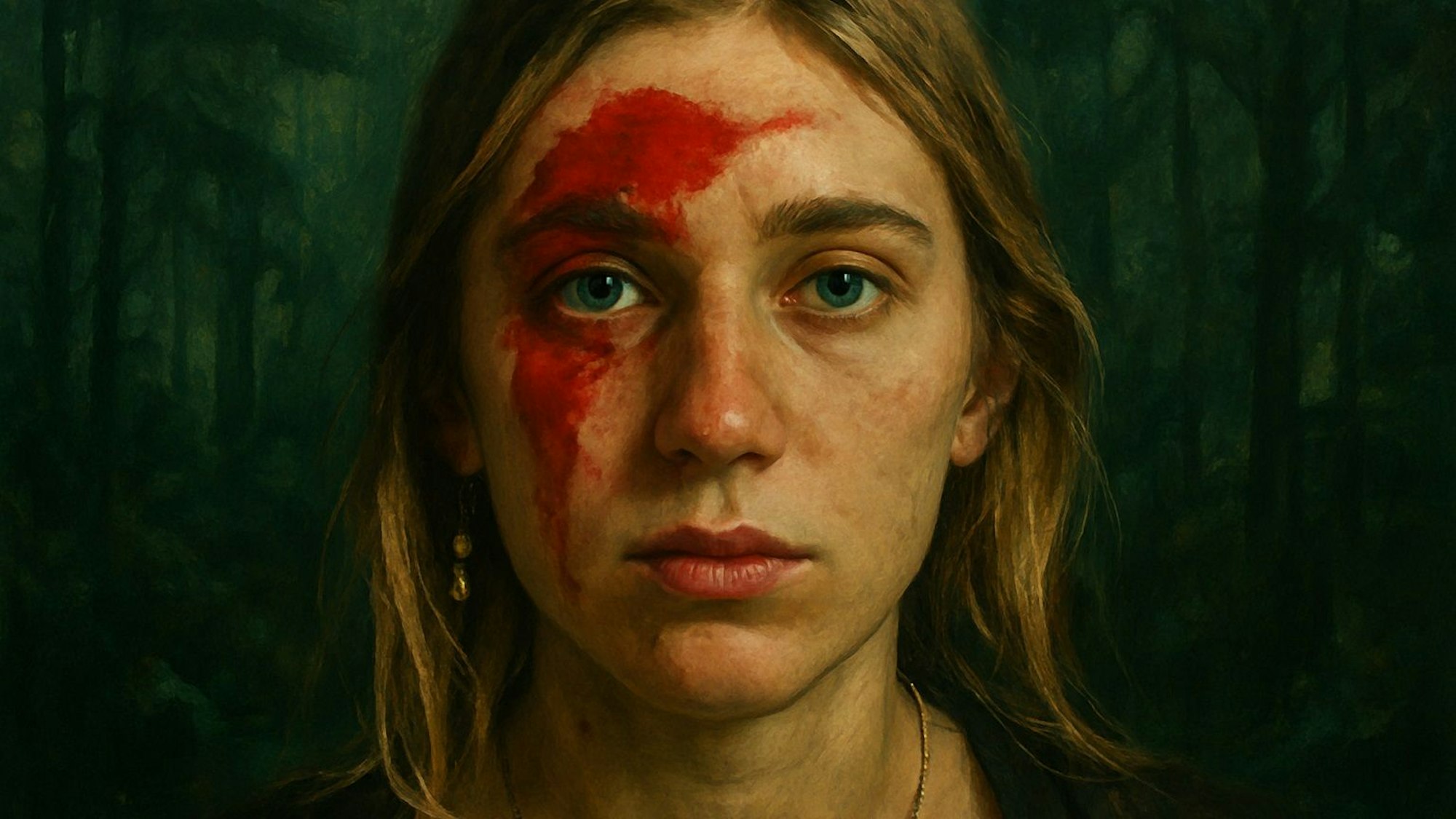 Eine junge Schauspielerin in Nahaufnahme. Ihr Gesicht ist mit Kunstblut verschmiert.