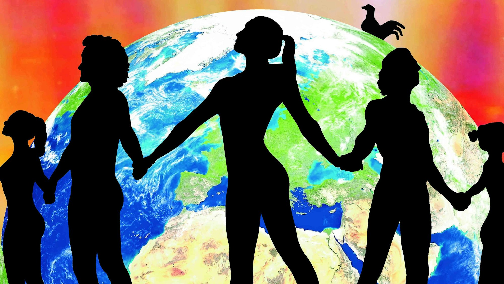 Zu sehen sind Schatten von Menschen, die Hand in Hand vor einer Weltkugel stehen.