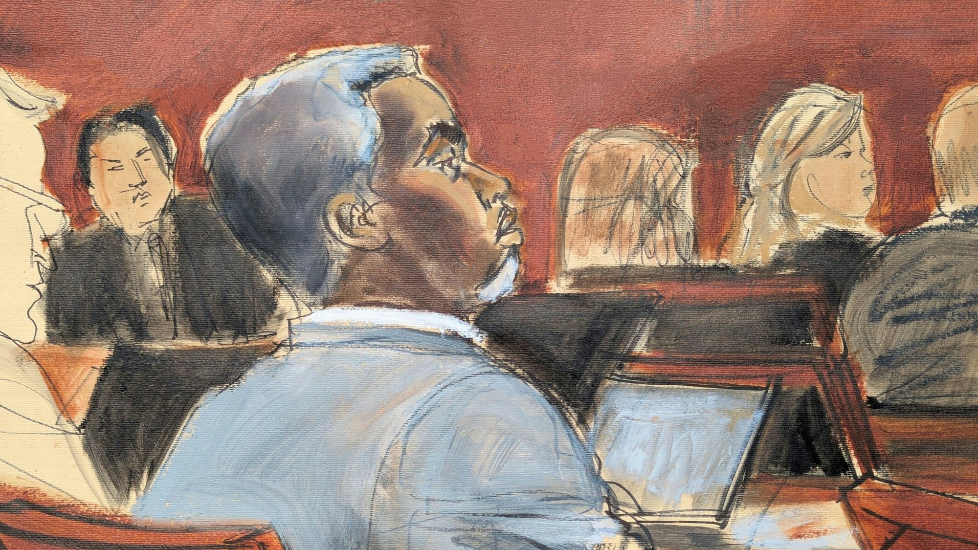 Die Gerichtszeichnung zeigt Sean «Diddy» Combs, der den Eröffnungsplädoyers am ersten Verhandlungstag vor dem Bundesgericht in Manhattan zuhört. (Archivfoto)