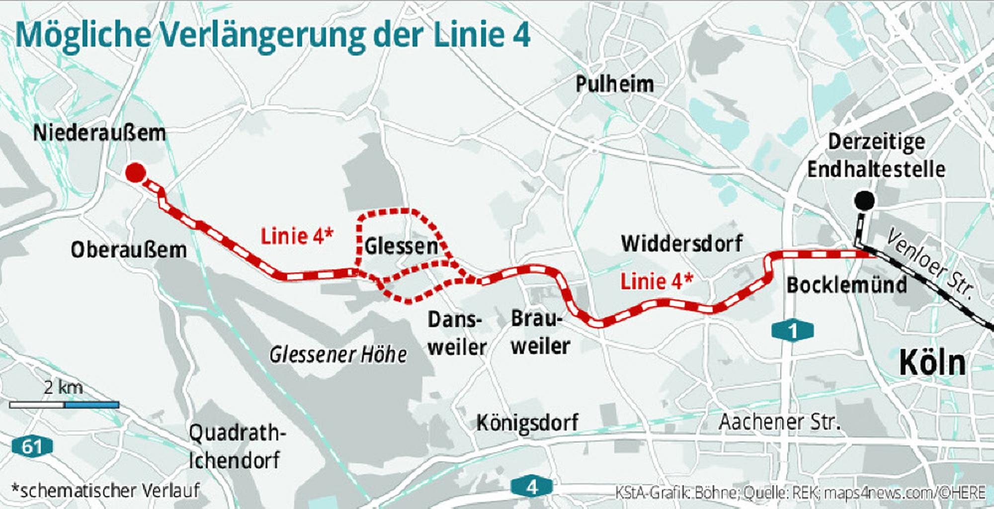 Die Linie 4 der KVB soll über Köln-Widdersdorf bis Niederaußem verlängert werden.