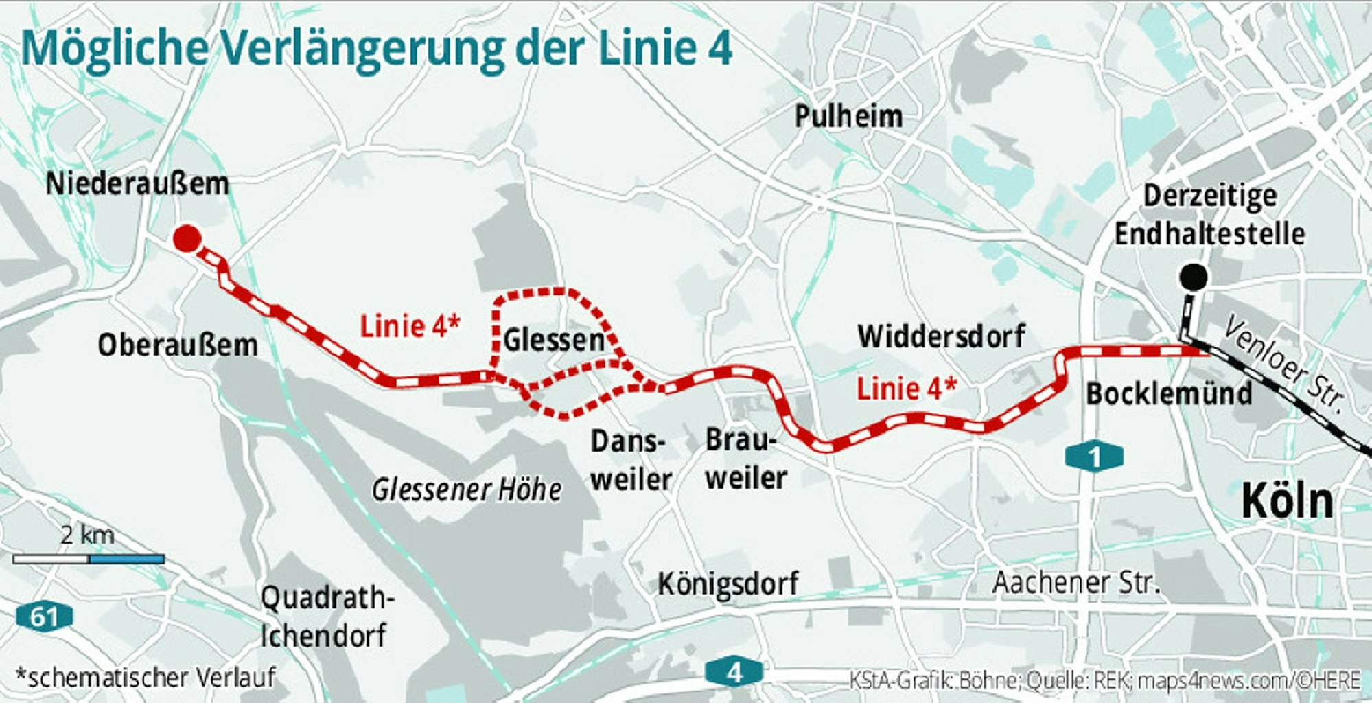 Die Linie 4 der KVB soll über Köln-Widdersdorf bis Niederaußem verlängert werden.