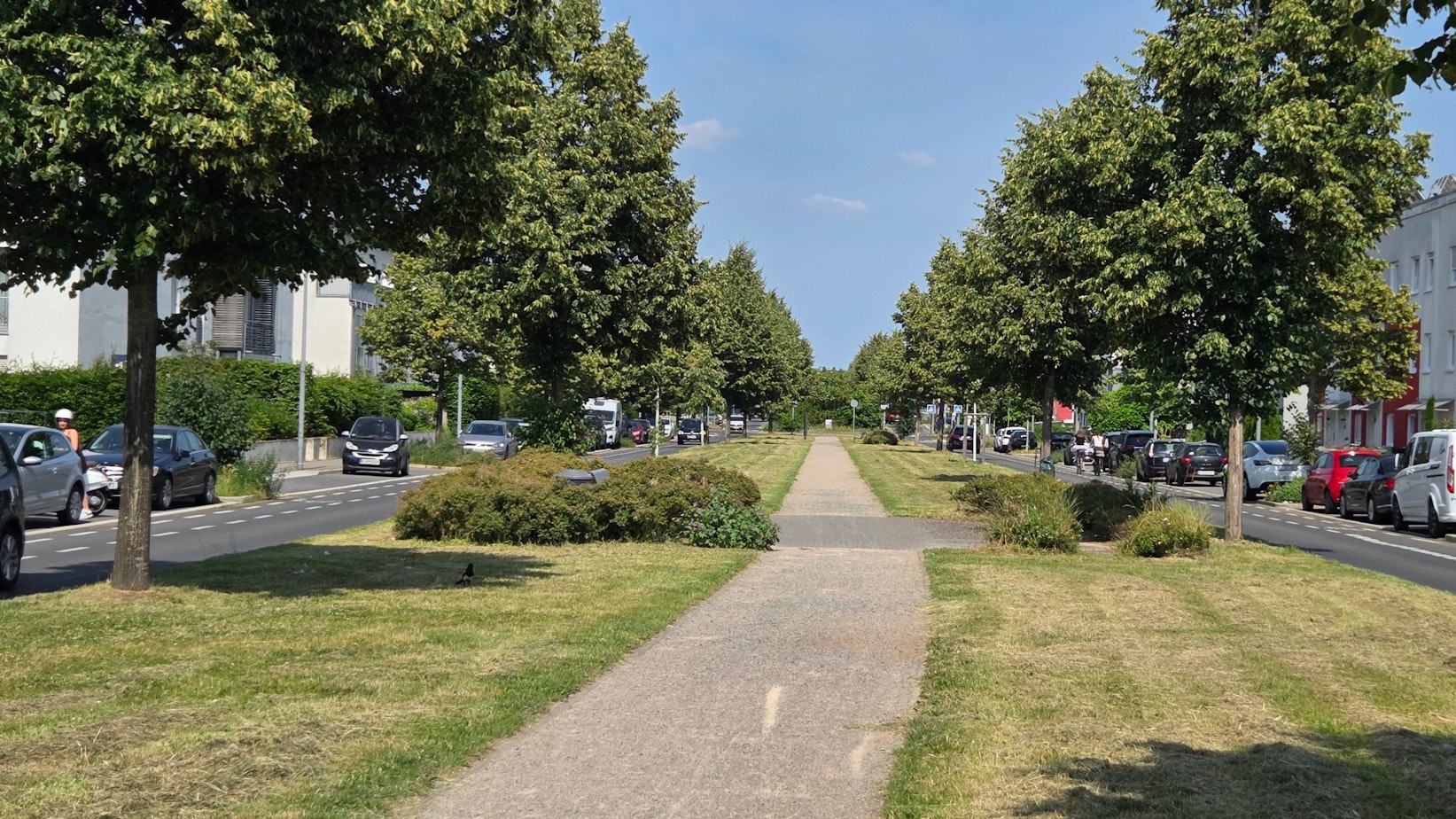 Auf dem Boulevard Unter Linden in Köln-Widdersdorf ist in der Mitte bereits 2007 Platz für die Stadtbahntrasse freigehalten worden.