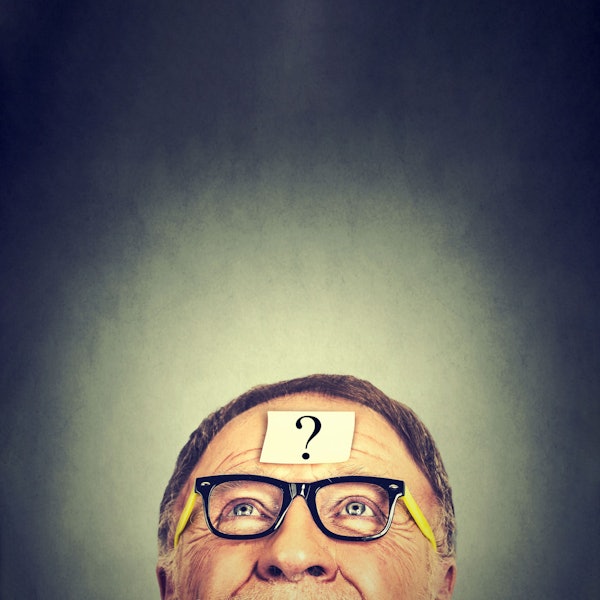 Eine Ilustration zeigt einen Senior mit einem Fragezeichen auf der Stirn.