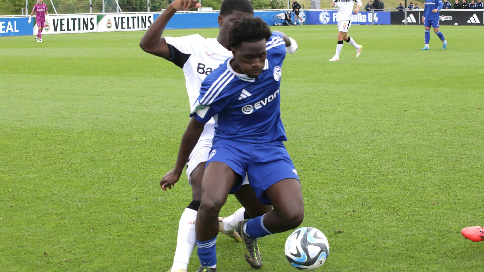 Osman Mohamed Turay (3) von S04 beim Fußball U19 DFB-Nachwuchsliga Viertelfinal Spiel zwischen FC Schalke 04 (blaues Trikot) und Bayer Leverkusen (weisses Trikot) am Sonntag den 04. Mai 2025 im Parkstadion in Gelsenkirchen
Foto : Frank Oppitz / FUNKE Foto Services
