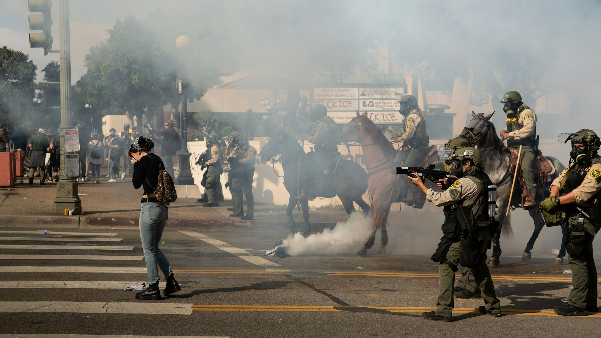Sheriffs von Los Angeles County setzten während eines Marsches gegen die Trump-Militärparade Tränengas und Blendgranaten ein.