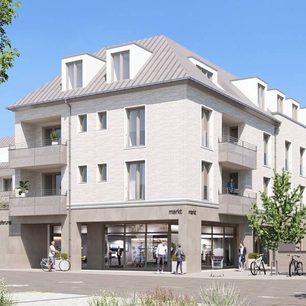 Das Bild zeigt die Visualisierung eines Wohn- und Geschäftshauses, das am Bleibergplatz in Mechernich errichtet werden soll.