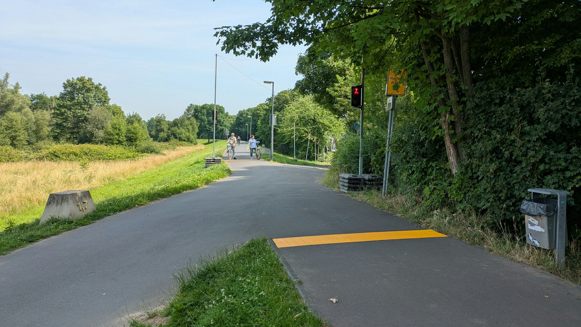 Ein Radweg auf einem Deich mit einer Ampel