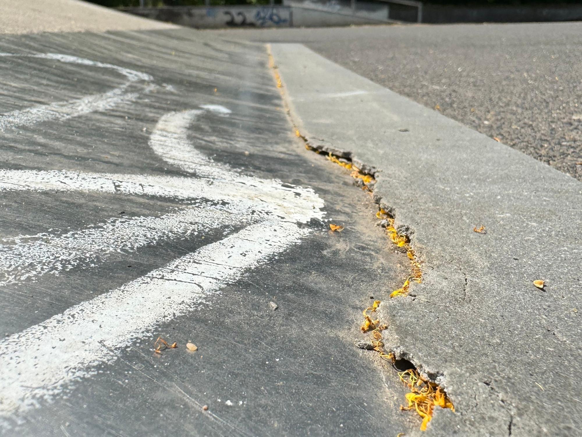 Auf dem Bild ist eine Großaufnahme der gebrochenen Betonkanten einer Skatanlage zu sehen.