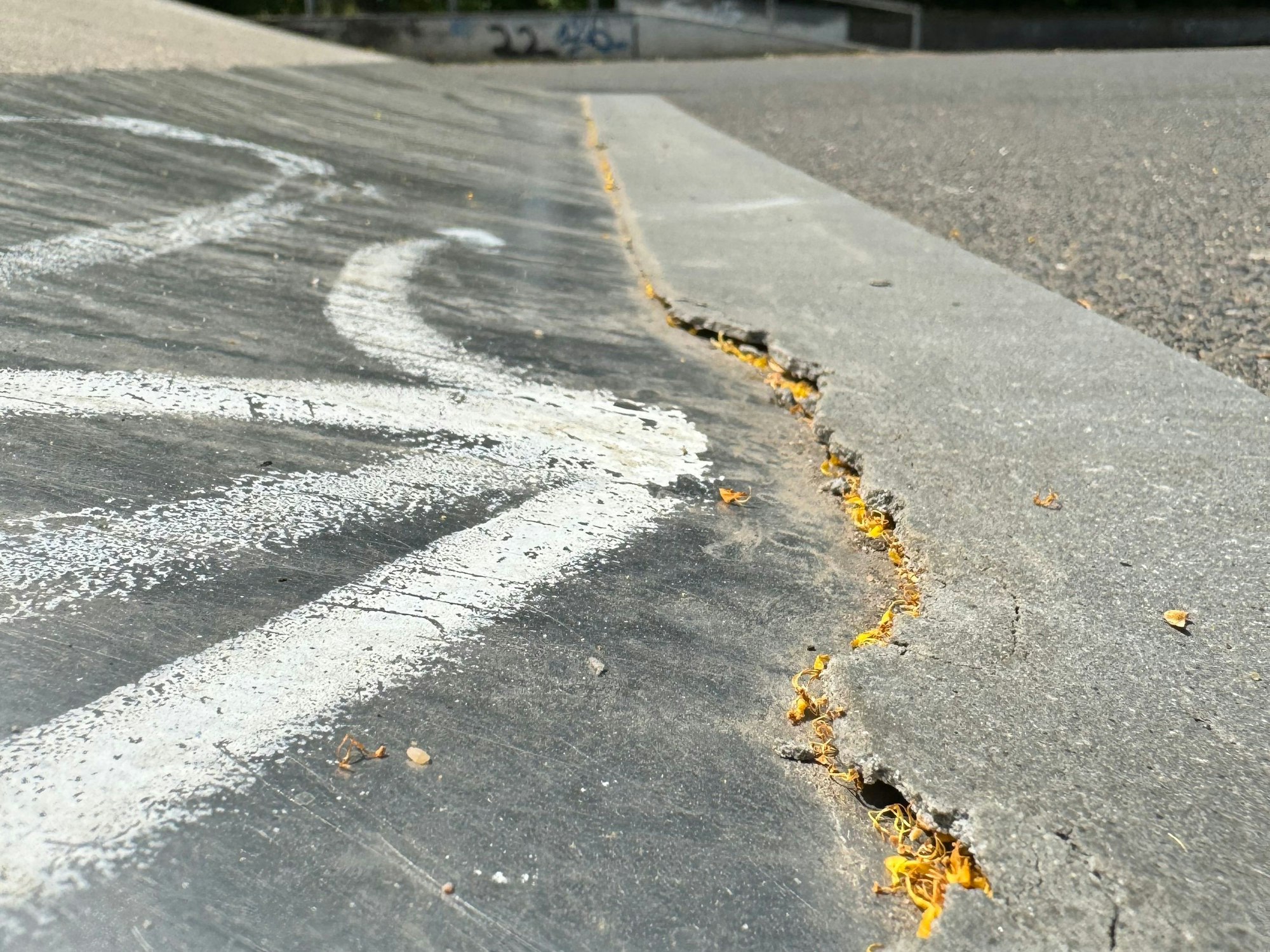 Auf dem Bild ist eine Großaufnahme der gebrochenen Betonkanten einer Skatanlage zu sehen.