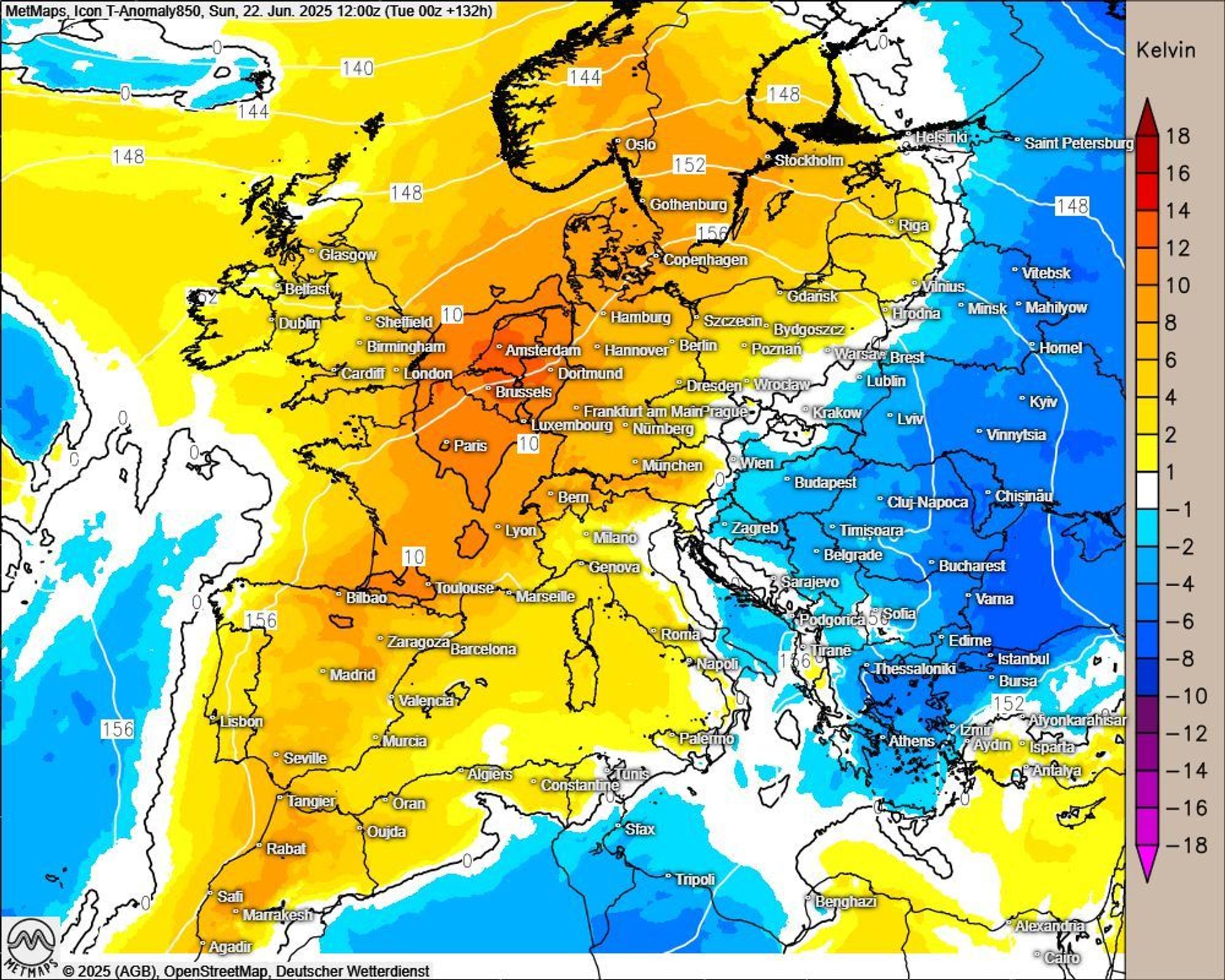 Karte mit der Warmluft über Europa, die eine Temperaturanomalie am kommenden Sonntag zeigt.