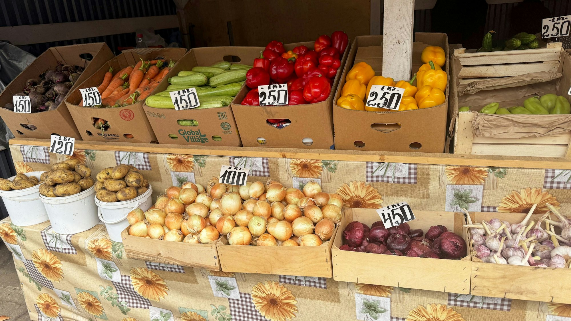 Kartoffeln und Zwiebeln an einem Lebensmittelstand in Moskau. In Russland, dem Staat mit der potenziell größten Anbaufläche für Landwirtschaft, sind Kartoffeln und Zwiebeln ausgegangen.