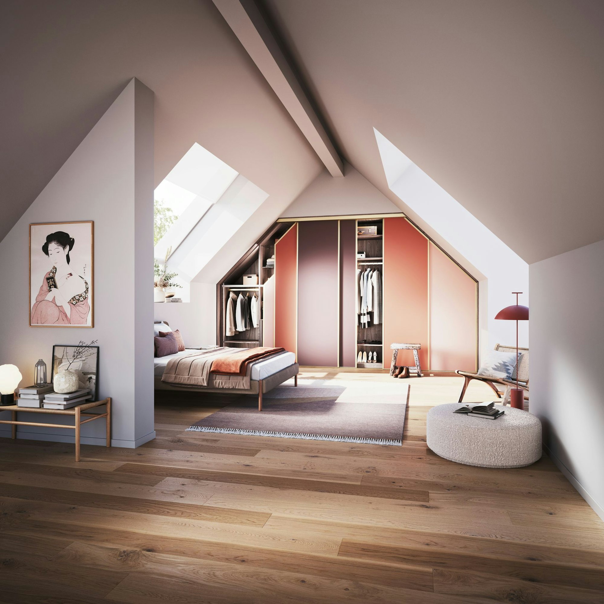 Helle Farben und ein perfekt passender Einbauschrank - so wirkt die Einrichtung im Dachgeschoss harmonisch.