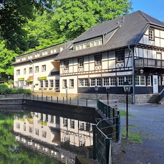 An einem Teich im Wald liegt die Forsbacher Mühle verlassen in der Sonne.